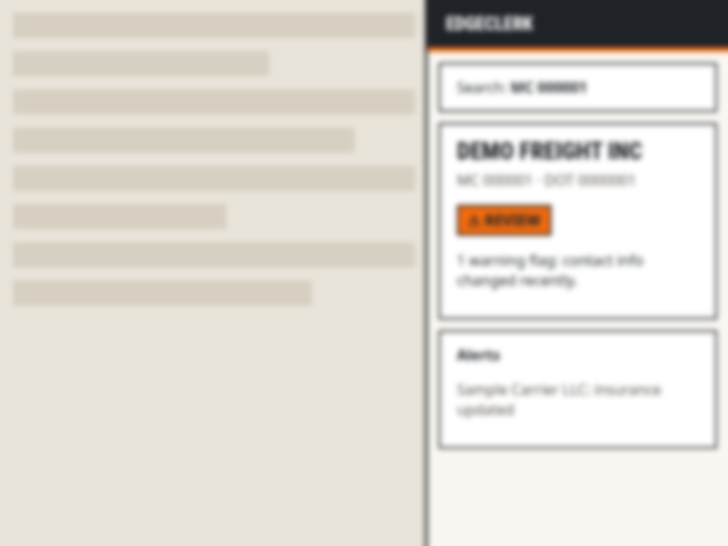 EdgeClerk side panel open beside a TMS, showing a carrier check with sample data