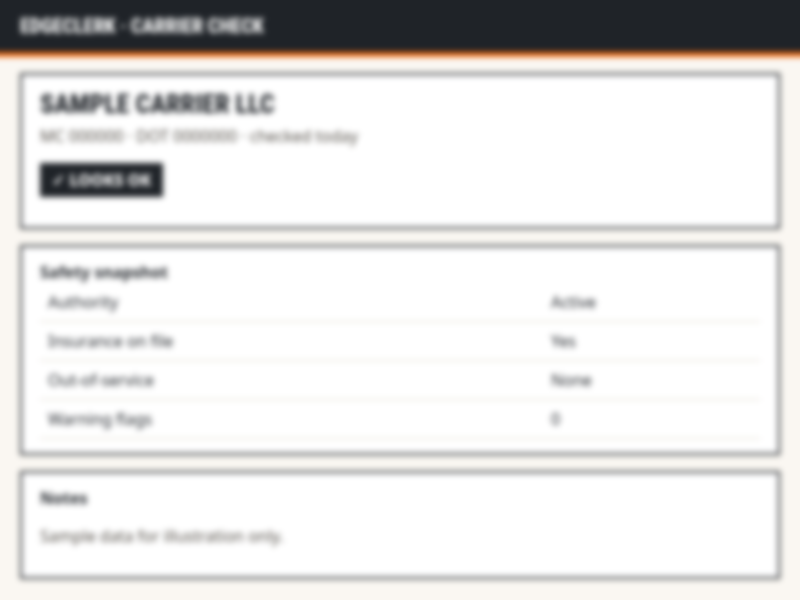 Carrier check result for Sample Carrier LLC with a safety snapshot (sample data)